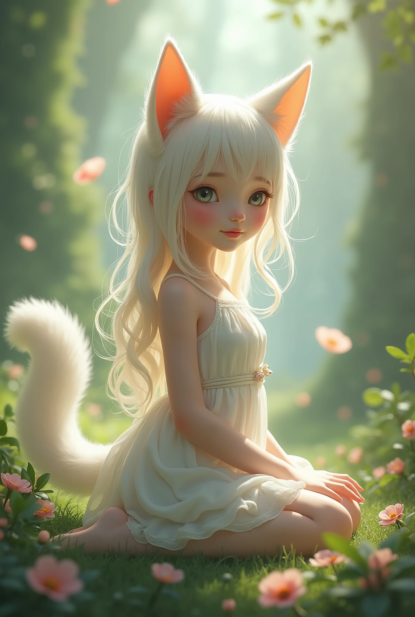 A professional high-quality photo, in 4K resolution, captures in realistic detail a charming girl in a fluffy white pajama with ears and foxtail. She is sitting in the middle of an enchanted forest, where every element is portrayed to perfection. The textures of the pajamas, ears and tail are sharp and palpable. Sunlight falls on the leaves and gently illuminates the girl's face, highlighting each delicate and charming expression --auto --s2