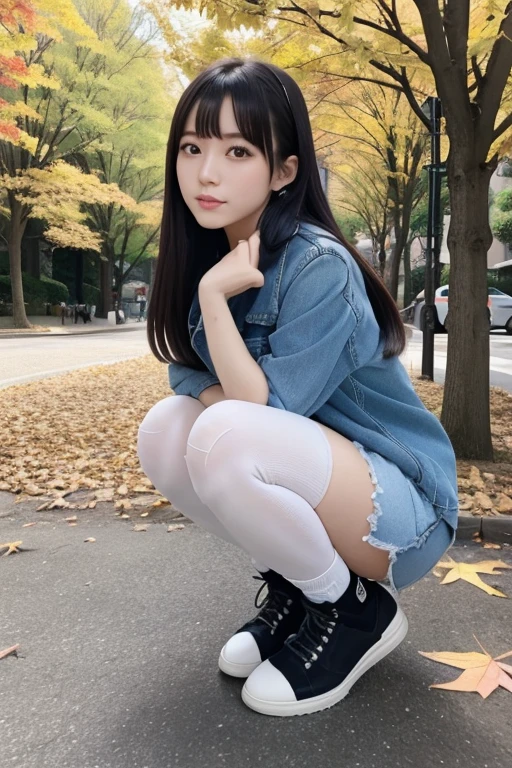 Japanese idol beautiful girl、denim fashion、 Knee Socks 、 autumn park、 squatting