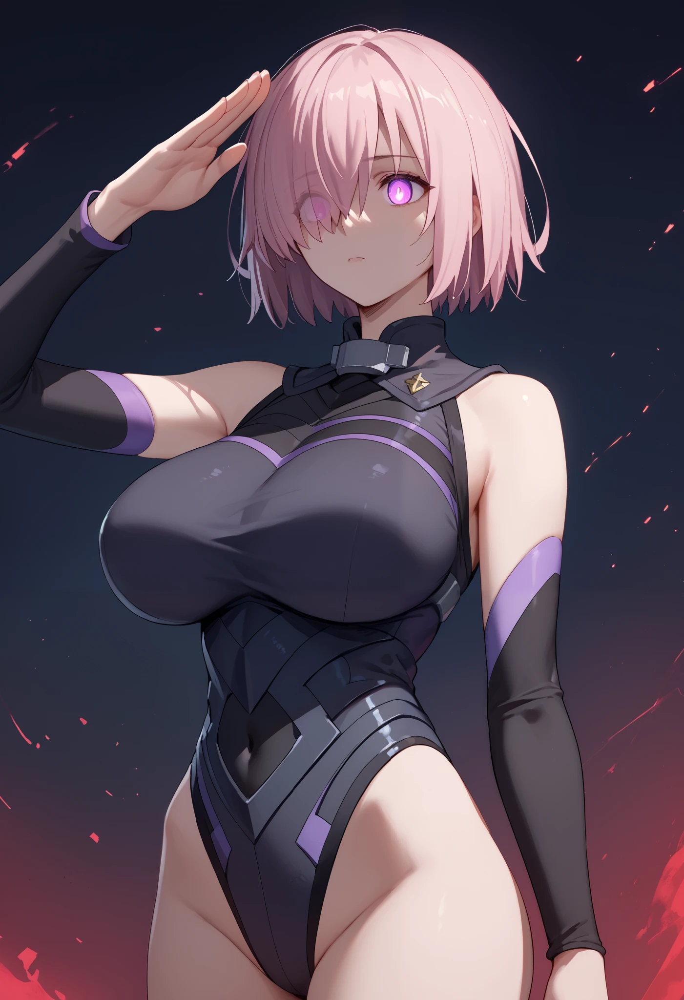  score_9,  score_8_up,  score_7_up,  score_6_up,  score_5_up,  score_4_up, BREAK Source_Anime,looking ,1girl,Mash Kyrielight, pink hair, hair over one eye, huge breasts, leotard, glowing eyes,Expressionless,((stand up, salute)), corruption, empty eyes, no pupils,Night lab