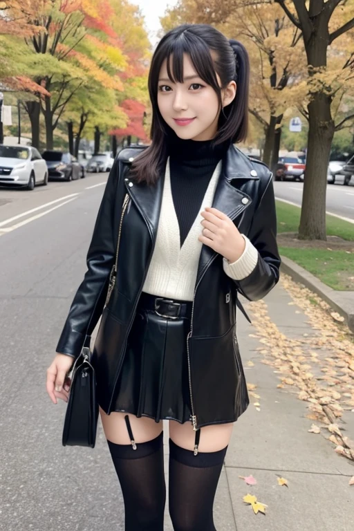 Japanese idol beautiful girl、leather fashion、 knee-high socks 、 autumn park、