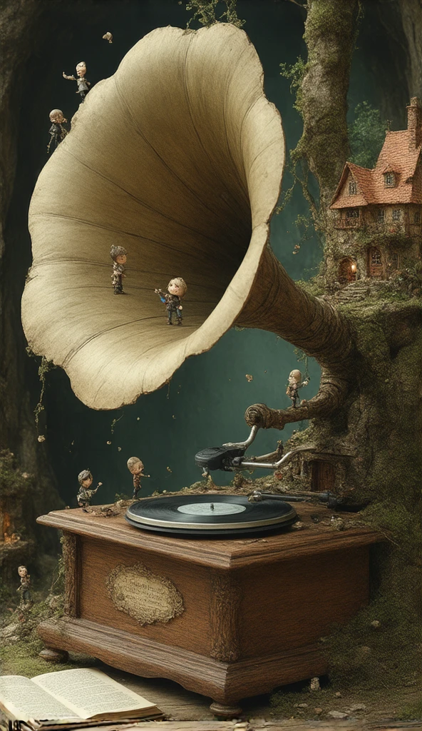 a mixture of realistic environment and cartoony creatures. a realistic gramophone, with tiny cartoon people living on it like a house. the mood is fantasy and cute, as found in ren's book.