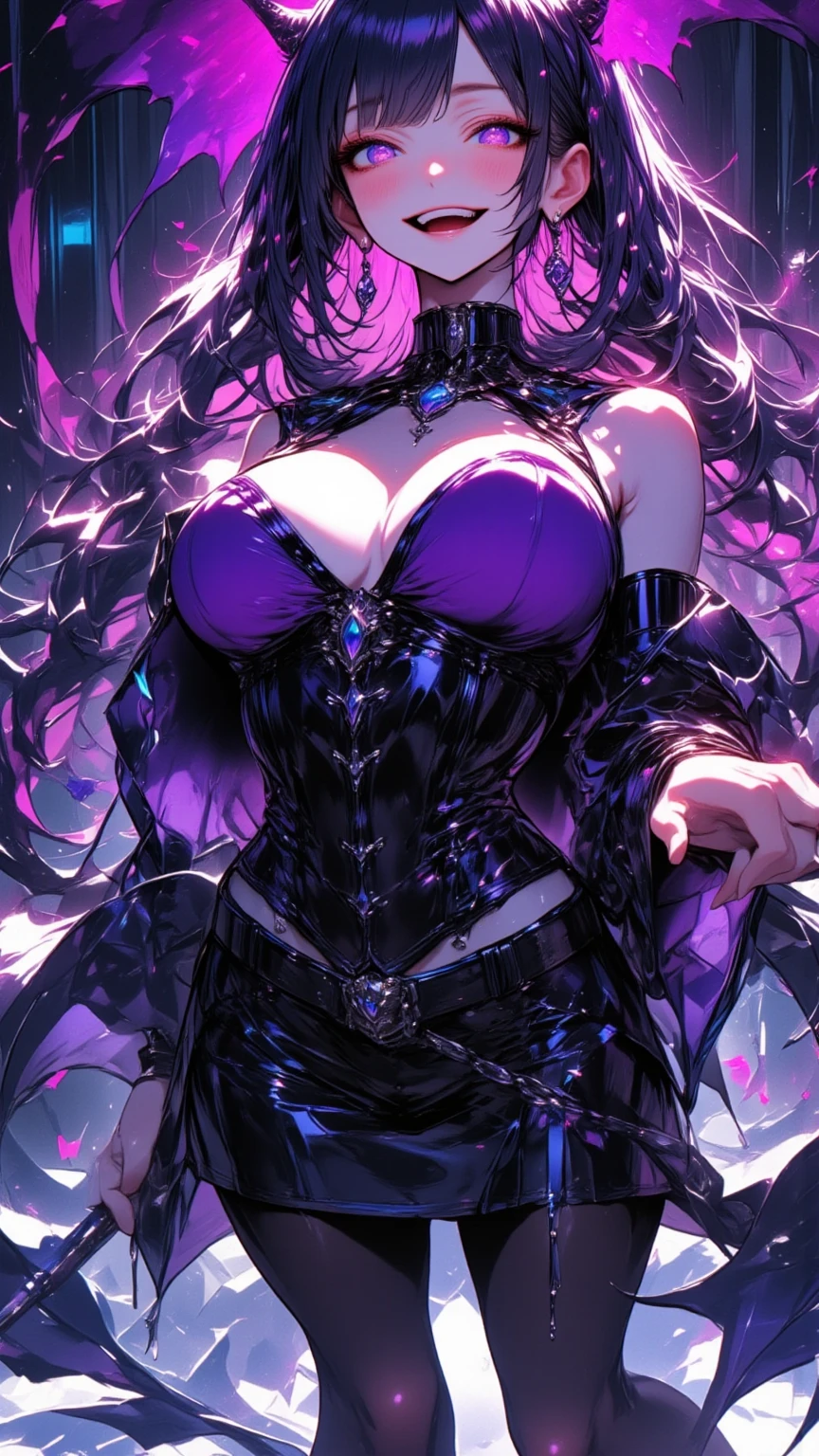 Tabletop, Highest quality, shape, Very detailed, Subtle details, High resolution, 8k wallpaper, Perfect dynamic composition, Beautiful details,((Purple T-back)),((Purple bra, Side bust,Underbust)),Overflowing big, Cleavage, Perfect glowing skin, Perfect Skin, (Wavy long hair), ((Squat with legs apart)),Symmetric