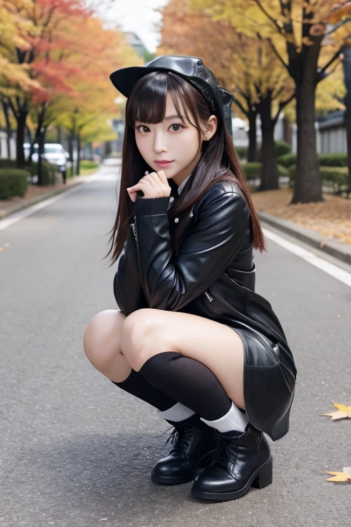 Japanese idol beautiful girl、leather fashion、 knee-high socks 、 autumn park、 squatting