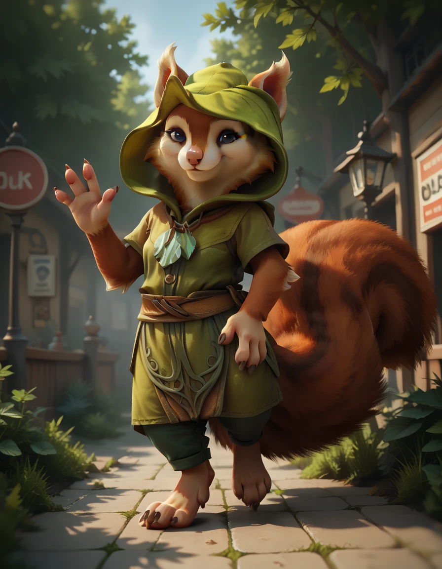 Hoodwink, score_9, score_8_up, score_7_up, BREAK, 1girl, solo, looking at viewer, cute, smiling, smug, walking, waving at viewer, female focus, looking at viewer, detailed background, 4k, masterpiece, best quality, highly detailed, realistic, full shot, fluffy fur, body fur tuft, more fur, fluffy fur, detailed fur, detailxl, claws, brown fur, squirrel, green clothing, 2 tone fur, 