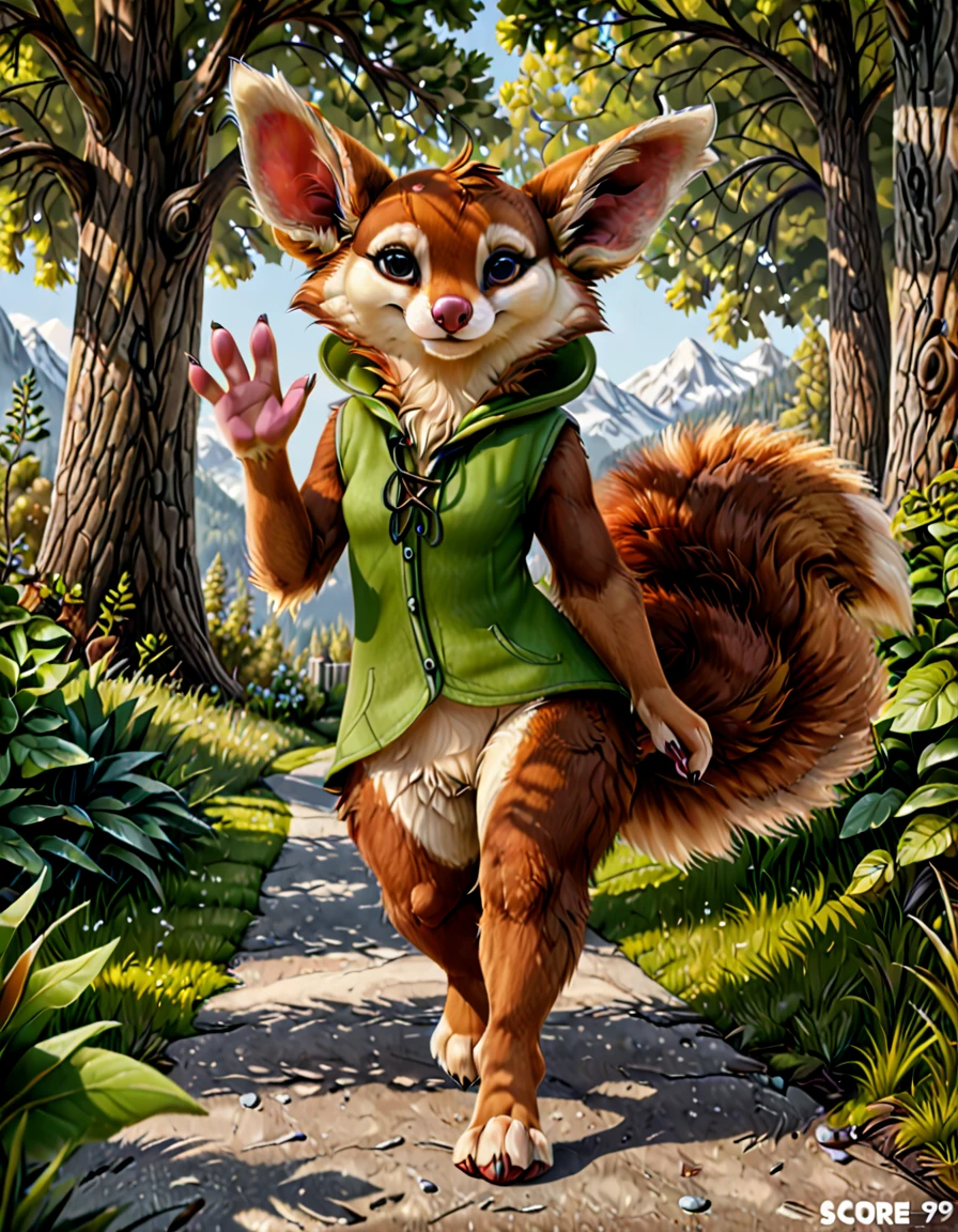 Hoodwink, score_9, score_8_up, score_7_up, BREAK, 1girl, solo, looking at viewer, cute, smiling, smug, walking, waving at viewer, female focus, looking at viewer, detailed background, 4k, masterpiece, best quality, highly detailed, realistic, full shot, fluffy fur, body fur tuft, more fur, fluffy fur, detailed fur, detailxl, claws, brown fur, squirrel, green clothing, 2 tone fur, 