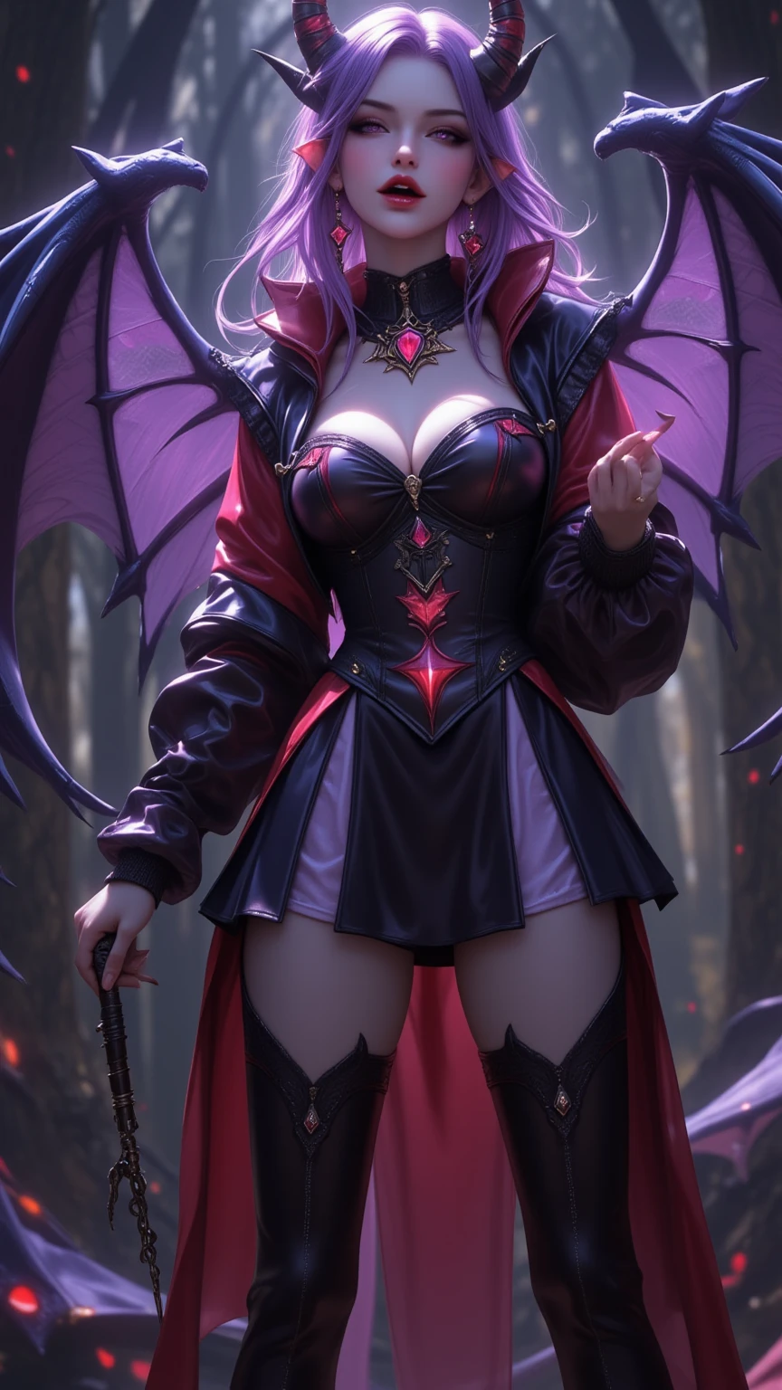 Realstic, 1fille, (Fille succube:1.4), Demon wings in the back,cheveux blancs, (yeux rouges), yeux brillants, pupilles fendues, (sang, splashing blood),stylish dress, décolleté, clavicule, half-open lips, Crocodiles, maquillage, rougir , Nuit, reflection, pleine lune, Clair de lune, rose, castle, ombre, darkness,