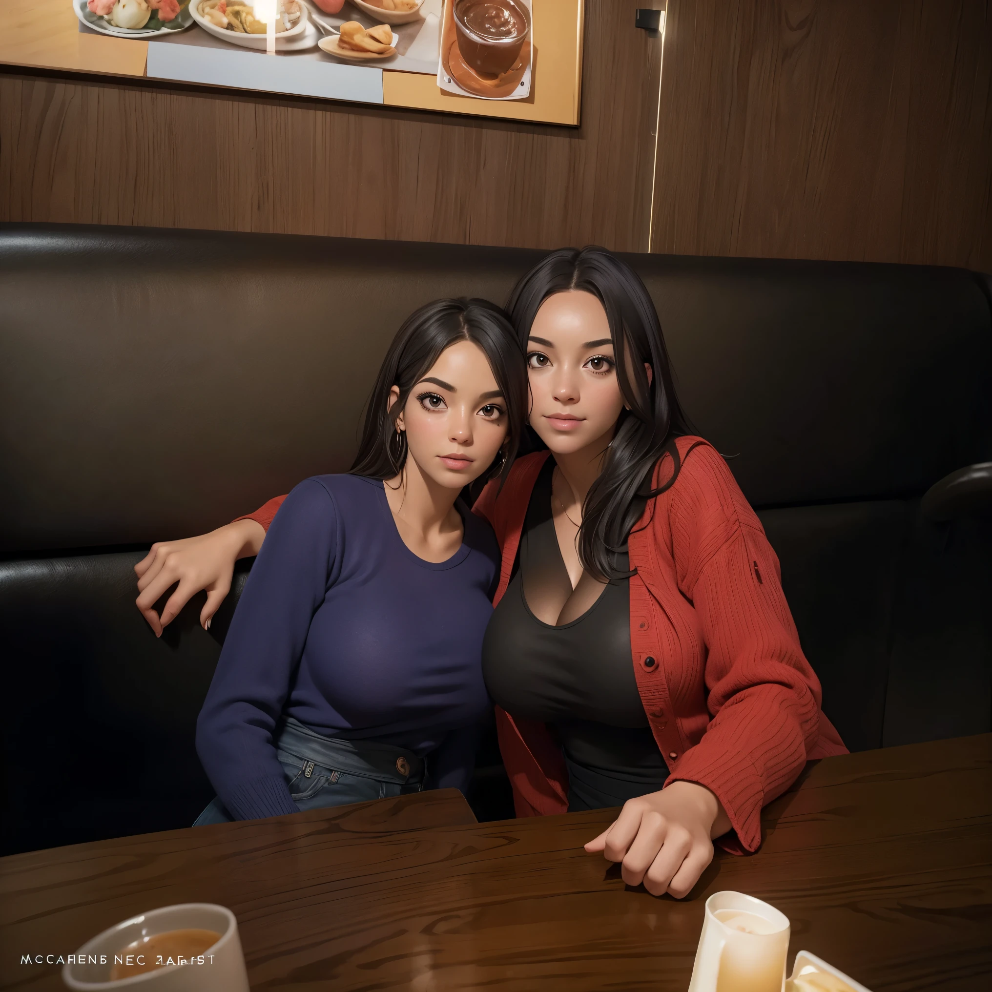 there are two beautiful women sitting at a table in a restaurant, a picture by Neysa McMein, reddit, realism, taken in the early 2020s, highly detailed, taken in the late 2010s, not blurry, non blurry, photograph taken in 2 0 2 0, spooky photo, mid - 3 0 s, mid-30s, , (((massive ))), , High Resolution, Looking at viewer, Masterpiece, Award Winning, HD, High Details, UHD, , Large ,