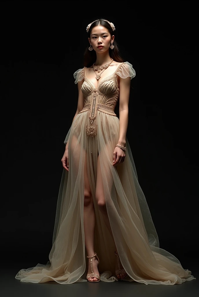 (Best quality, 8k, 32k, Masterpiece, UHD:1.2), Photo of cute tall Italian woman, blond woman, sexy, big breasts, very short hair, high heels, solo, Imagine a fashion runway scene with a female model poised elegantly on the catwalk. She is dressed in a long, flowing gown that blends classic and avant-garde elements. The dress features intricate designs or appliqués, with a color that is either soft pastel or vibrantly rich, depending on the desired mood. Accessorize her with elegant gloves, a sophisticated necklace, or striking earrings to complete the look.
For the background, opt for a minimalist setting to highlight the model and her outfit. Use a solid-colored backdrop with soft lighting that contrasts with the dress color, creating an appealing visual effect. If the dress is bright, consider a light gray or white background; for a pastel dress, a dark blue or black background could be more striking. Optionally, include subtle decor elements like flowers or abstract patterns, but ensure they are understated so as not to distract from the model.