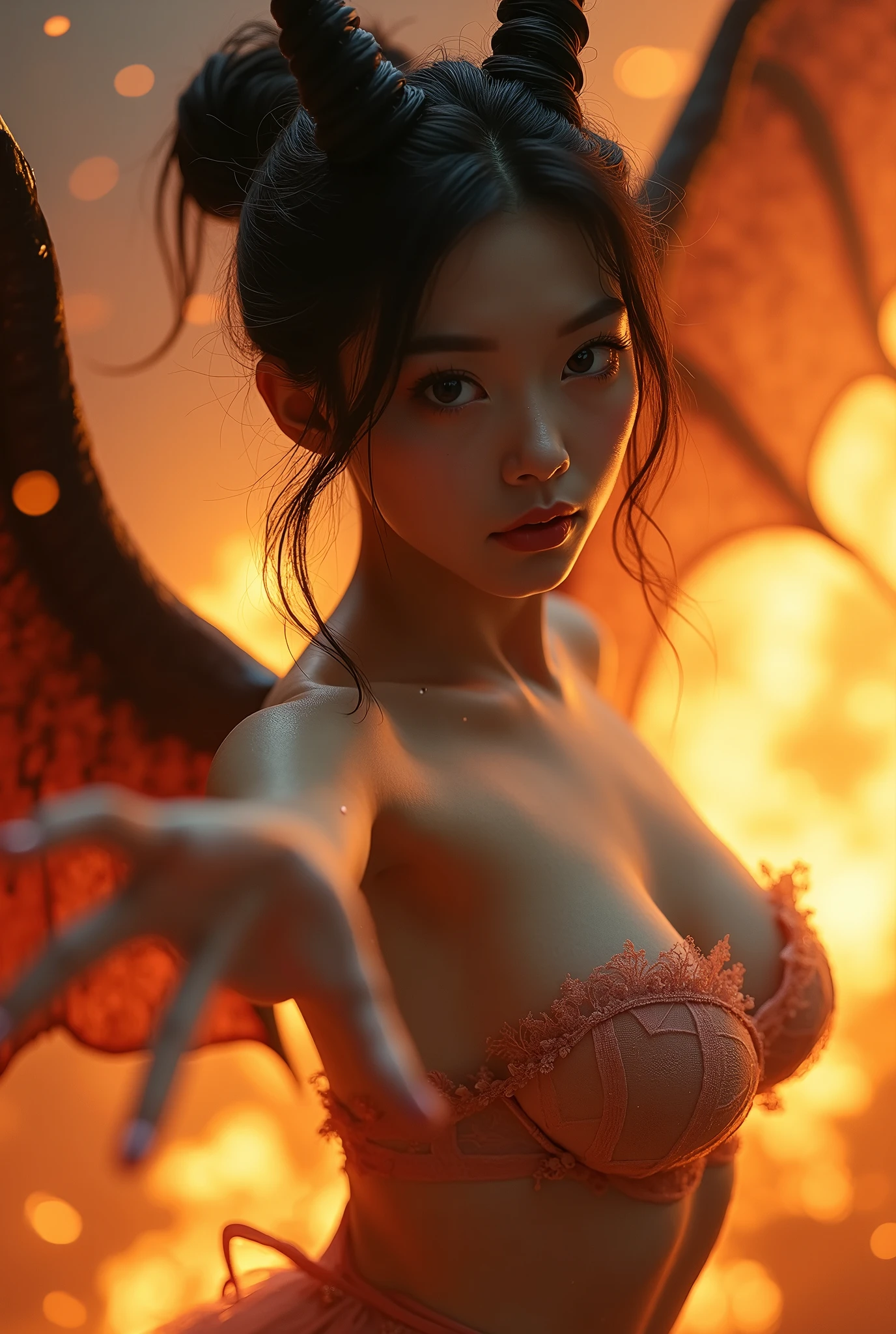 "((Obra maestra))(The best lighting, alto contraste, oscuro, dramatic, Acabado fotorrealista),(mujer ensangrentada, red lingerie, she's sick, enfado, Llorosos),(mujer abraza a Cthulhu), lagartos gritando, tortugas, ratas. Luz Caravaggio"