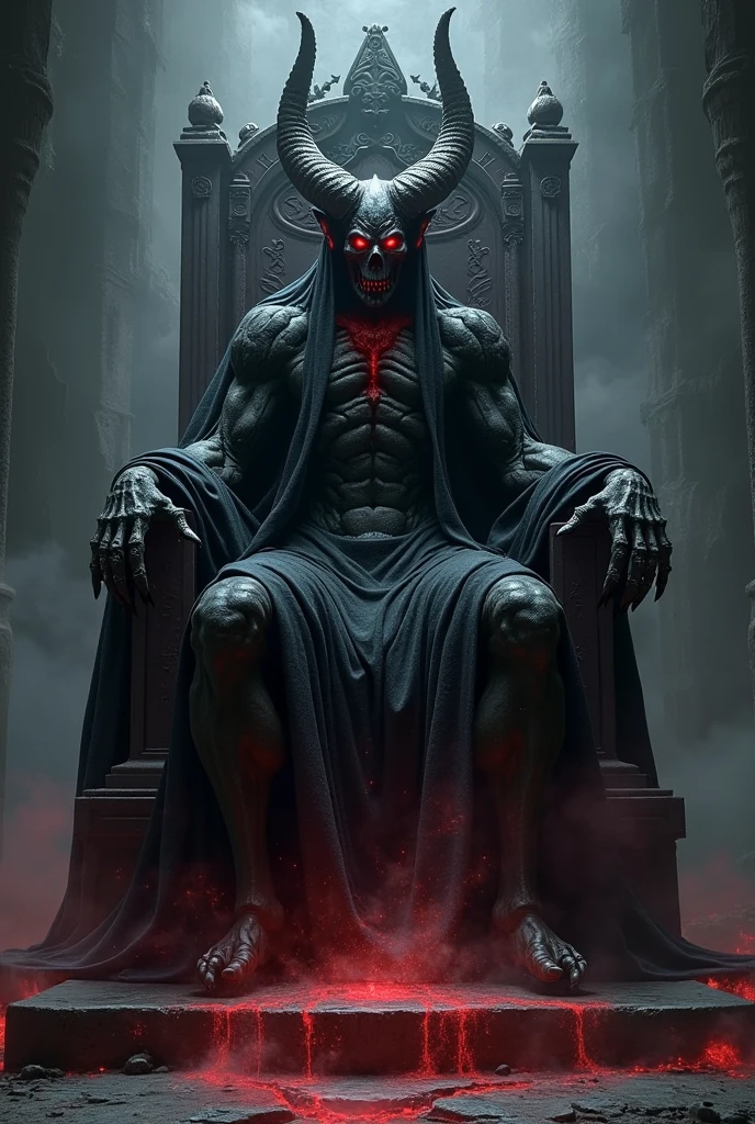 (photorealism:1.2), beautiful Imagine a black demon in 3D with a serene face but a challenging look, strong and slender body staring straight ahead, While holding a skull in his left hand and with his right hand he holds his menthol. His throne is majestic and impeccable and has the word LOKO engraved on the top.