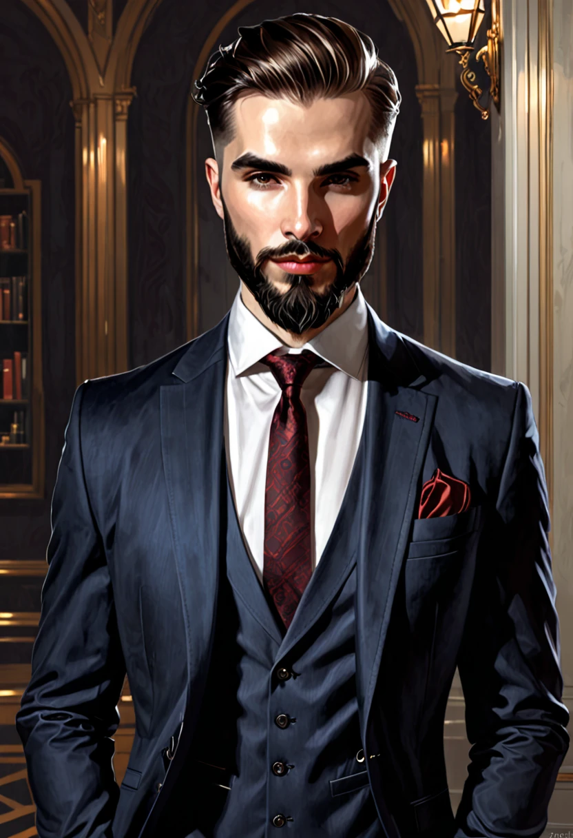 realistic, Charlie Bowater style, vampire, short man in a suit, short man tall, beard, pocket square, half bald, expensive watch, tie, European, wider than tall, similar to Mathias Mester