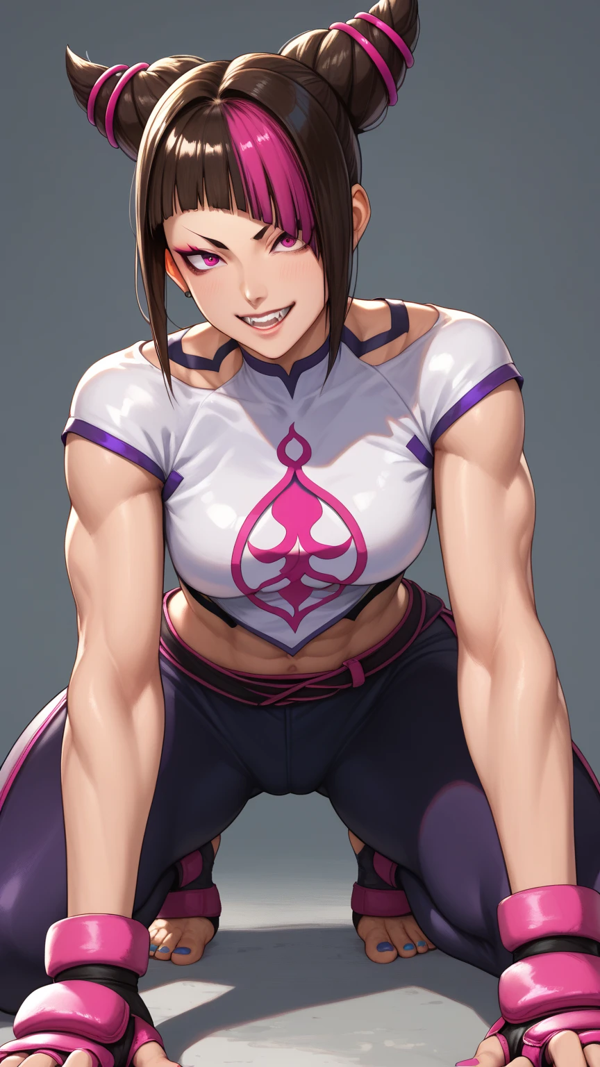 Street Fighter Juri Han 、 on all fours、、Squatting、 wearing clothes