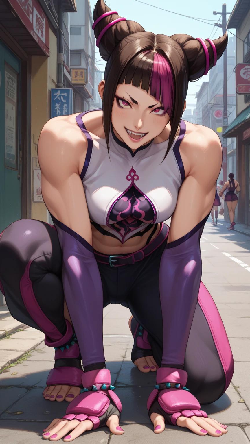 Street Fighter Juri Han 、 on all fours、、Squatting、 wearing clothes