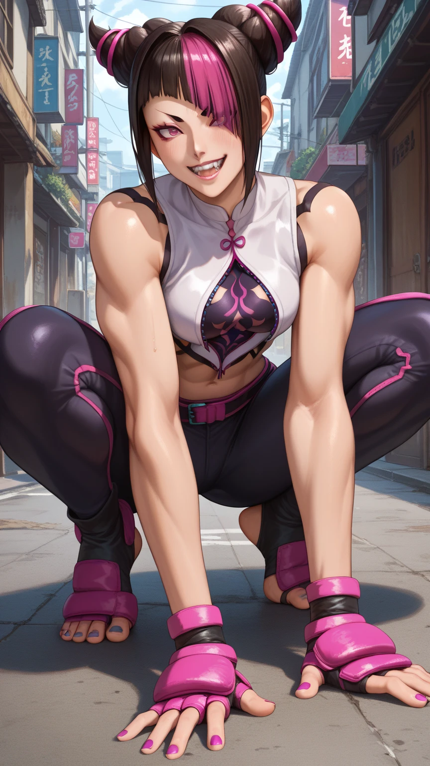 Street Fighter Juri Han 、 on all fours、、Squatting、 wearing clothes