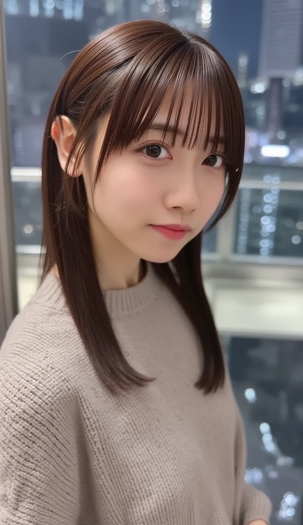  1 girl, (  Beautiful Women :1.2),  Beautiful Japanese Actress, ( ponytail:1.3),
( RAW Photos,  best quality), (Realistic,  Photo Real:1.4), masterpiece, 
 very delicate and beautiful,  very detailed, 2k wallpaper,  amazing, 
finely,  very detailed CG Unity 8K 壁紙,  super detailed,  high definition , 
Soft light,  beautiful detailed girl ,  very detailed目と顔,  beautiful detailed nose,  BEAUTIFUL AND DETAILED EYES , Cinematic lighting, 
break
(  against a snowy night cityscape in the background 1.3), Citylights, 
perfect anatomy, Slender body, smile, Fully facing forward,  camera 
