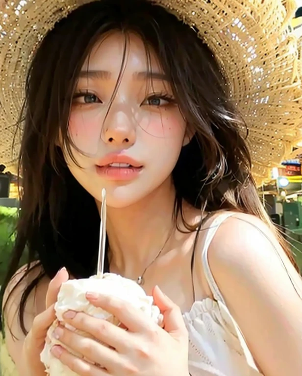 (2 pure Japanese girl,), (Small breasts:1.5,),(Mole on left side of neck:1.5),(solo,,Textured skin, Detailed skin,Detailed face,Detailed eyes,detailed posing,Natural eyebrows,Sparkling Eyes,High detail, Highest quality, Super detailed, Surrealism, ,8k,RAW Photos,Photographicism,Professional Lighting,Ray Tracing,Portrait Photography,Natural Light),(((Black Hair, Natural Makeup,Simple earrings, Low bun hairstyle,))),(((Summer resorts on the plateau,Cafe on the open terrace,Holding a gorgeous matcha shaved ice,White straw hat,Beige V-neck sweater)))