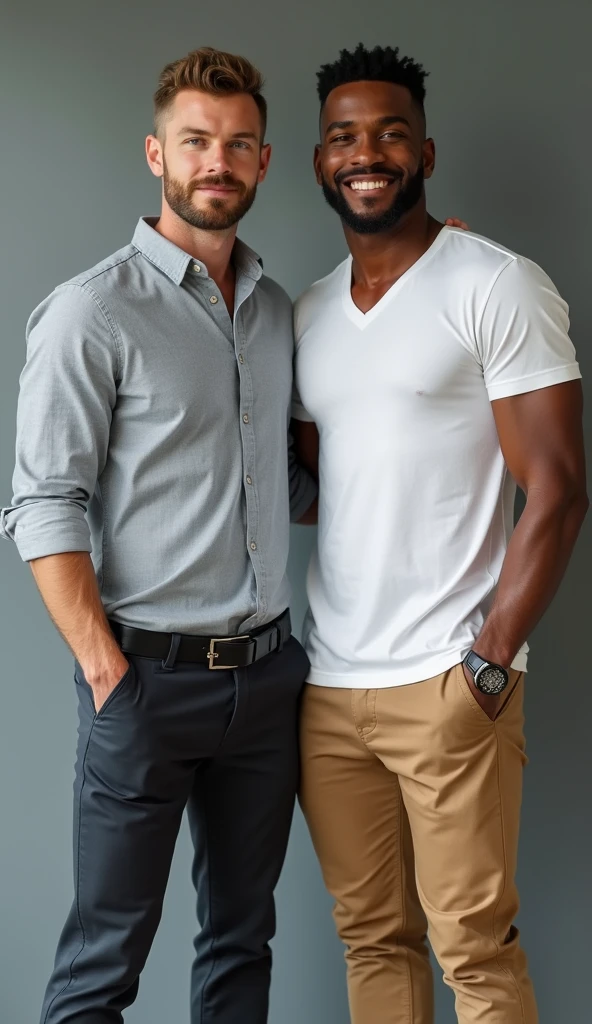 Create a hyper-realistic image of two men in a confident and stylish pose. The first man is 30 years old, with a well-groomed beard, fair skin, short light brown hair, and clear blue eyes. He is very handsome, wearing a fitted shirt and slim pants, exuding a sense of great confidence. The second man is also 30 years old, with a muscular build, medium-light brown skin, black eyes, and short black hair. He is wearing a white t-shirt and light brown, slim-fitting pants. Both men are standing together, looking confident and comfortable in each other's company. The setting should highlight their strong physical presence and fashion sense, with lifelike details and an overall polished, professional appearance