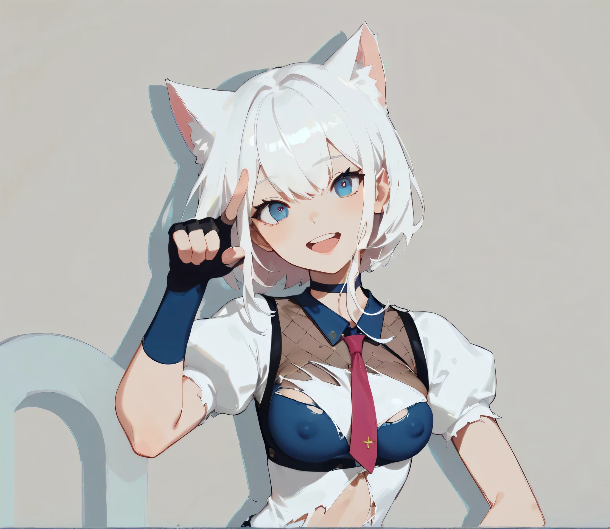 (1girl in, with nekomimi),(beautiful eyes finely detailed, Face to detail, red and white hair color, multi colored hair), oldschool black magical student uniform, long skirt, sitting on bed arms behind back, mischievous facial expression, smiling, blush on her face, camera angle from top, full body, masterpiece sidelighting, masterpiece, top-quality, detailed, High resolution illustration