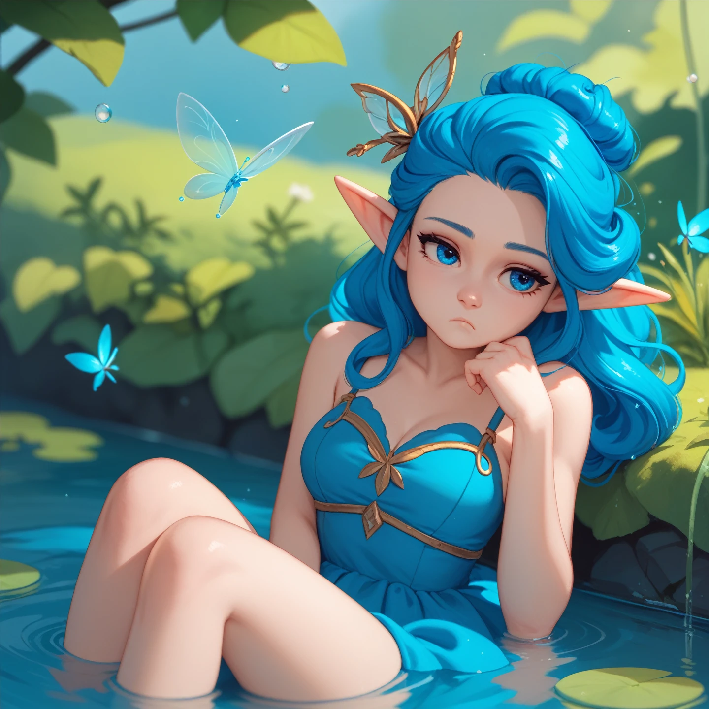 (masterpiece, best quality), 1girl, Cyan Dutch Fishtail Braids, flat chest, fairy girl, water fairy, in a lake,