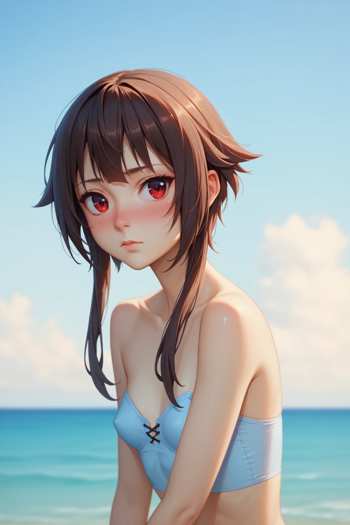 (highest quality:1.2, Very detailed, Latest, Vibrant, Super Detail, Ultra-high resolution, High Contrast, masterpiece:1.2, highest quality, Best aesthetics, there is:0.9), alone, (1 female), Megumin, short hair, black hair, (red eyes:1.3), short hair with long locks, minimal, 1girl, solo, red eyes, nose blush, shy, looking at viewer, tight round butt, cute overload, small breasts, slim figure, contrapposto, (beautiful sandy shore), (ocean in background), (beautiful blue sky),
