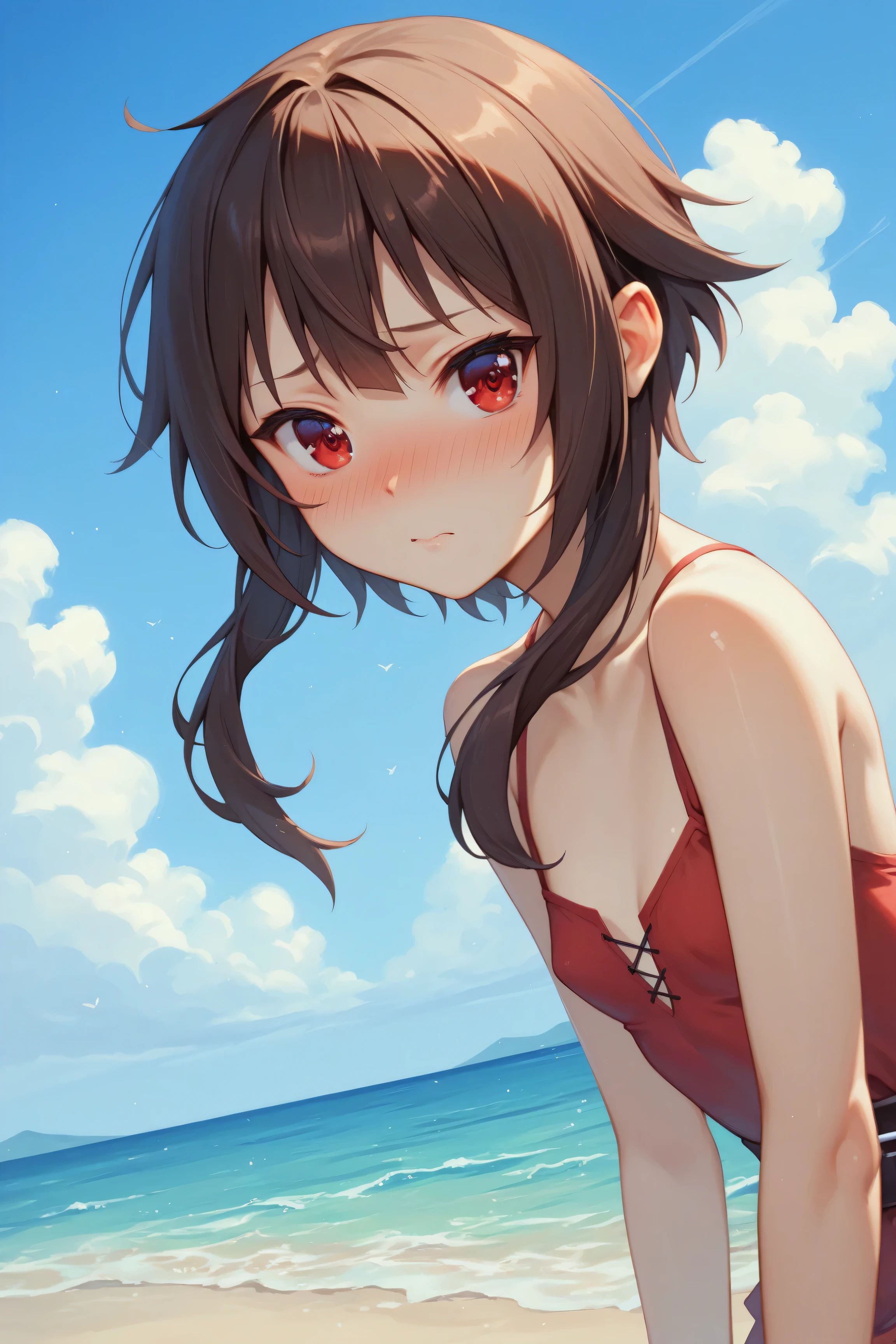 (highest quality:1.2, Very detailed, Latest, Vibrant, Super Detail, Ultra-high resolution, High Contrast, masterpiece:1.2, highest quality, Best aesthetics, there is:0.9), alone, (1 female), Megumin, short hair, black hair, (red eyes:1.3), short hair with long locks, minimal, 1girl, solo, red eyes, nose blush, shy, looking at viewer, tight round butt, cute overload, small breasts, slim figure, contrapposto, (beautiful sandy shore), (ocean in background), (beautiful blue sky),
