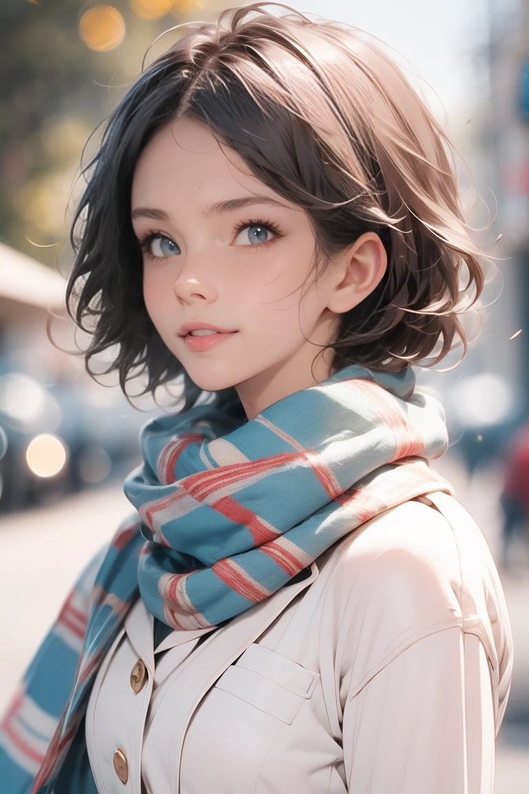 
short black_hair, blurry, blurry_background, blurry_foreground, bokeh, green_eyes, blushing, , cosplay_photo, depth_of_field,, lips, greek port, front view,, colourful beany, striped scarf and christmas jersey, middle distance, full body