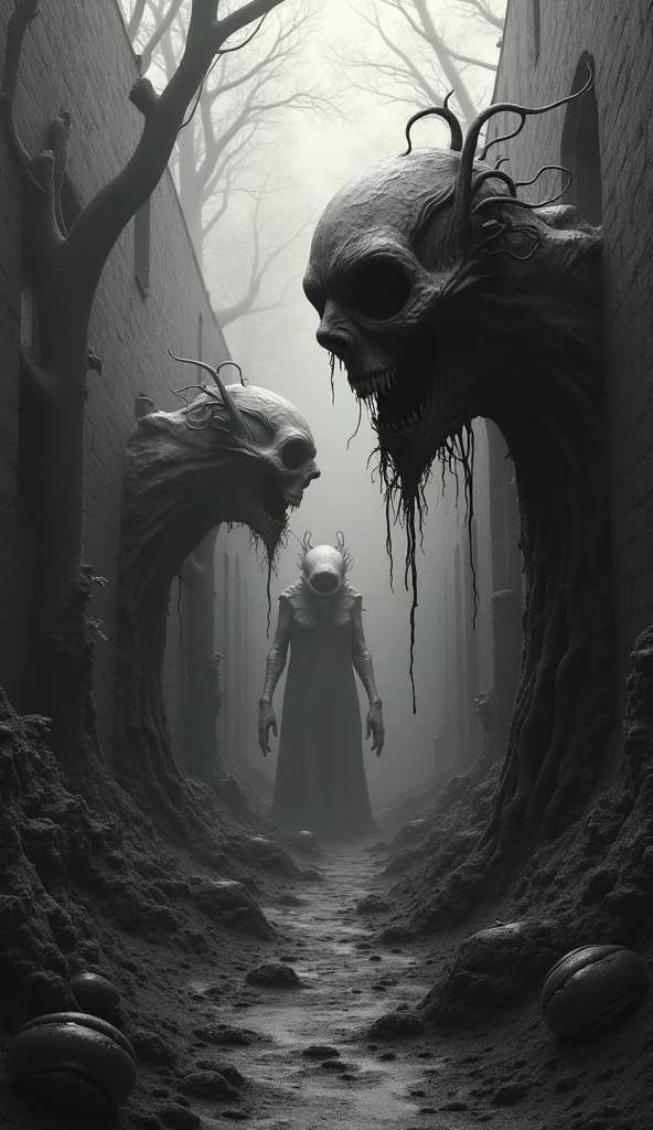 Biomorphism, nightmarish, distorted reality, monochromatic tones ...