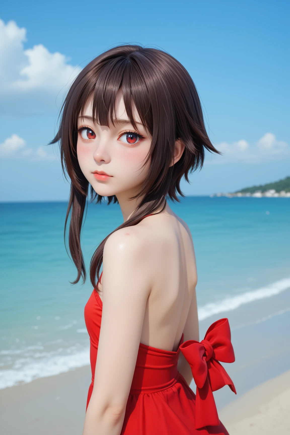 (highest quality:1.2, Very detailed, Latest, Vibrant, Super Detail, Ultra-high resolution, High Contrast, masterpiece:1.2, highest quality, Best aesthetics, there is:0.9), alone, (1 female), Megumin, short hair, black hair, (red eyes:1.3), short hair with long locks, minimal, 1girl, solo, red eyes, nose blush, shy, looking at viewer, tight round butt, cute overload, small breasts, slim figure, contrapposto, (beautiful sandy shore), (ocean in background), (beautiful blue sky),
