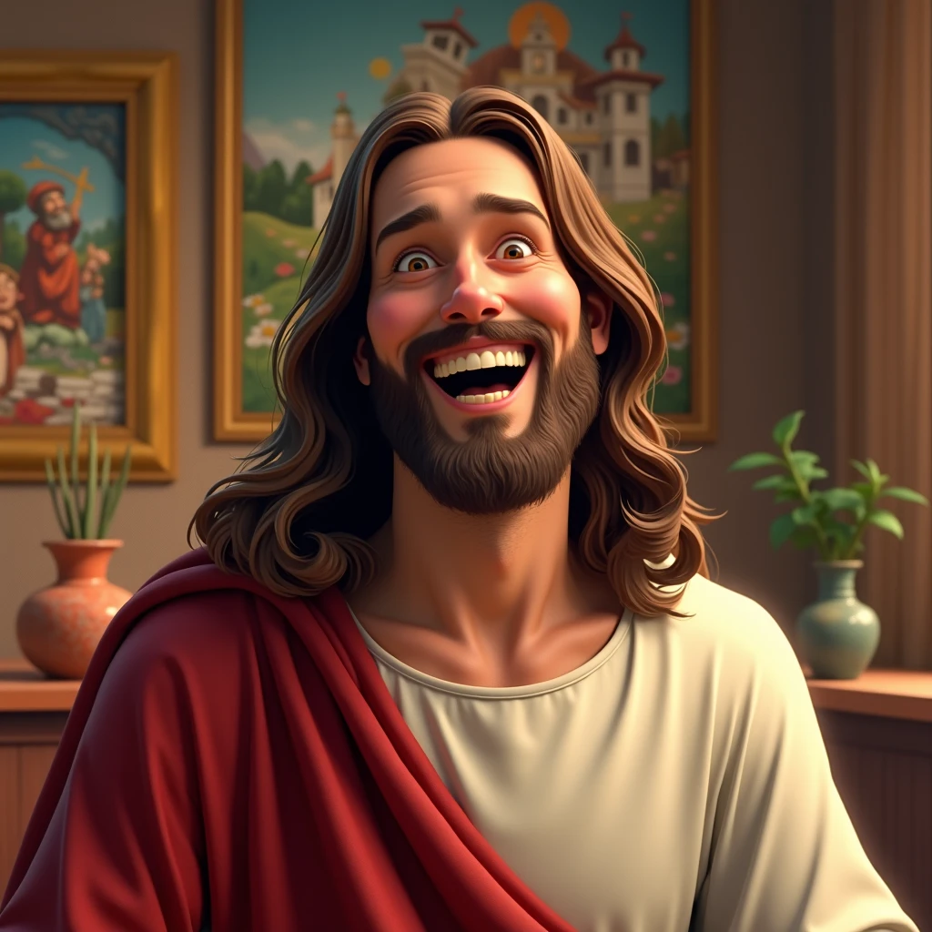 Jesus Christ smiling, Inside a room surrounded by Disney Pixar-style ren