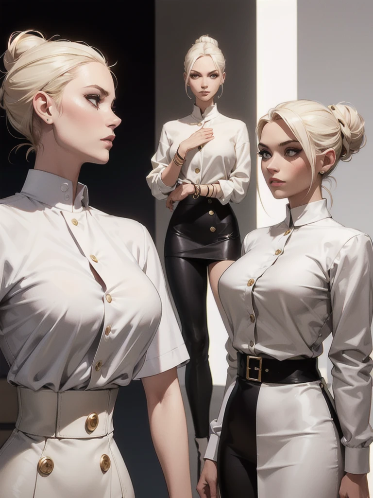 makeup, mascara, simple color palettes, one woman 2, stylish, Clean, chic stylish business woman, sharp designs, plain background, flowing silhouettes, white matte, zipper, Tight skirts and pants, (white clothes), high-waisted skirts and pants, simple dresses, shirts and blouses, asymmetrical, geometric, sexy, sultry, chic, Elegant and luxurious materials and designs, Simple, accessories, Slim necklaces and rings in silver or gold, Simple bangles, Distinctive designs, simple silhouettes, blazer, chic and mature impression, tall and slender,  simple and sophisticated style, elegance, minimalism, high quality materials, cool and urban impression, high fashion, (large breasts), zipper, simplicity and sophistication, plain white dress, pencil skirt, chic white dress, busty, [Victoria Beckham],[[KateBeckinsale]],[[[Jenna Coleman]]],[[[Tricia Helfer]]], [[Sara Sampaio]], (short platinum blonde hair)
