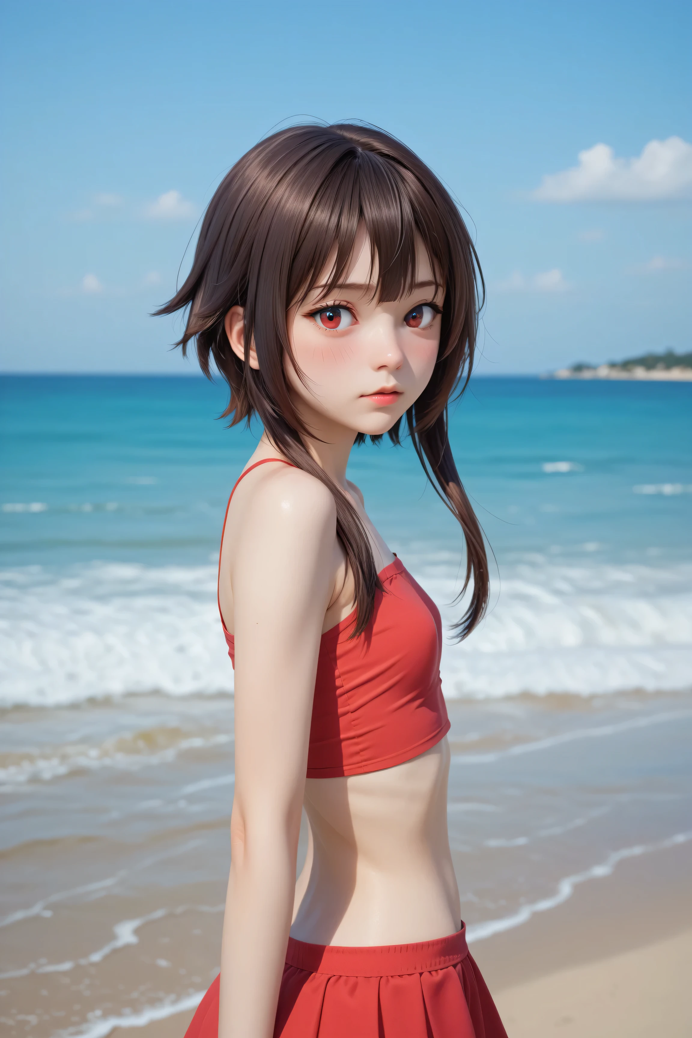 (highest quality:1.2, Very detailed, Latest, Vibrant, Super Detail, Ultra-high resolution, High Contrast, masterpiece:1.2, highest quality, Best aesthetics, there is:0.9), alone, (1 female), Megumin, short hair, black hair, (red eyes:1.3), short hair with long locks, minimal, 1girl, solo, red eyes, nose blush, shy, looking at viewer, tight round butt, cute overload, small breasts, slim figure, contrapposto, (beautiful sandy shore), (ocean in background), (beautiful blue sky),
