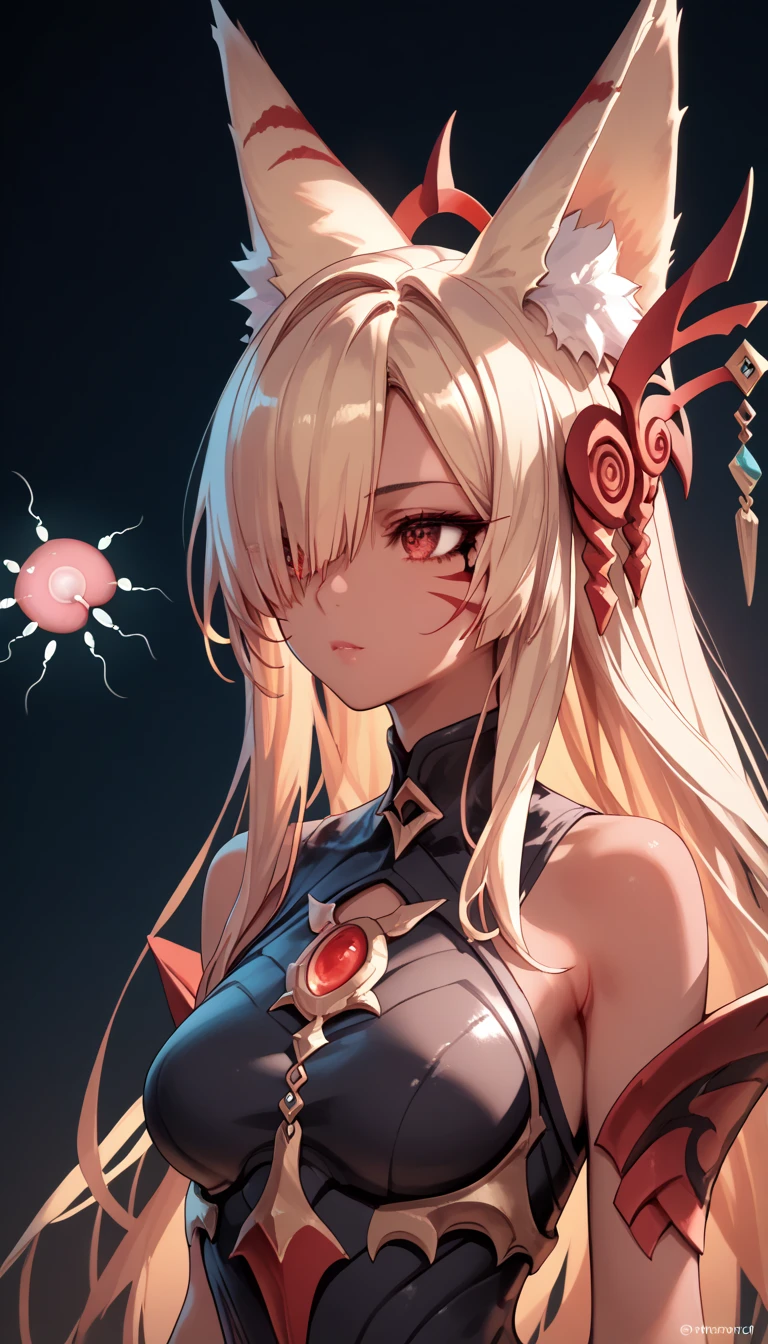  dark skin ,  hair covers the eye, rpg, sperm, bare shoulders, 1 girl,  long golden hair , 4K,  red eyes , , fox ears,  duration, hair template ,   red stripes on face,  compose, black mascara, cutout,  fantasy, revealing armor, 