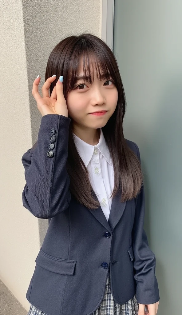 Woman facing a photo shoot , Japanese Model Model, 16-year-old female model, 4K、Bans、Black-haired、Beaver、Mid-length hair、  straight hair 、(dark blue blazer with student uniform  ,   navy plaid pleated skirt :1.2),　( idol style super cute face:1.2)、 School Classroom、Slim and beautiful figure 、 Beautiful Breasts 、smile、 lesbian with full body 、 School Classroom美しい脚、 Sexy Poses 、 holding white socks 、 white sneakers、((The shirt has a large opening at the chest.、 see a bra :1.4))、

