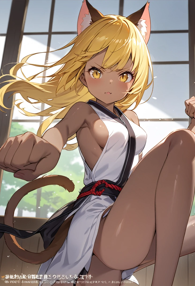  best quality、One young girl、Slender body、Slender legs、Cat ears and tail、Cute single tusk、 normal size breasts 、dojo、 glossy yellow hair 、Glossy brown skin、 in high spirits、  fighting pose for viewers 、intense wind pressure 