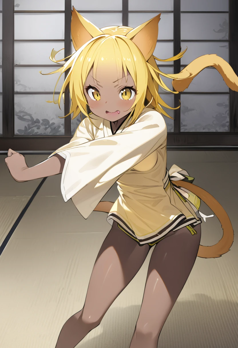  best quality、One young girl、Slender body、Slender legs、Cat ears and tail、Cute single tusk、 normal size breasts 、dojo、 glossy yellow hair 、Glossy brown skin、 in high spirits、 The spirit is in、intense wind pressure 