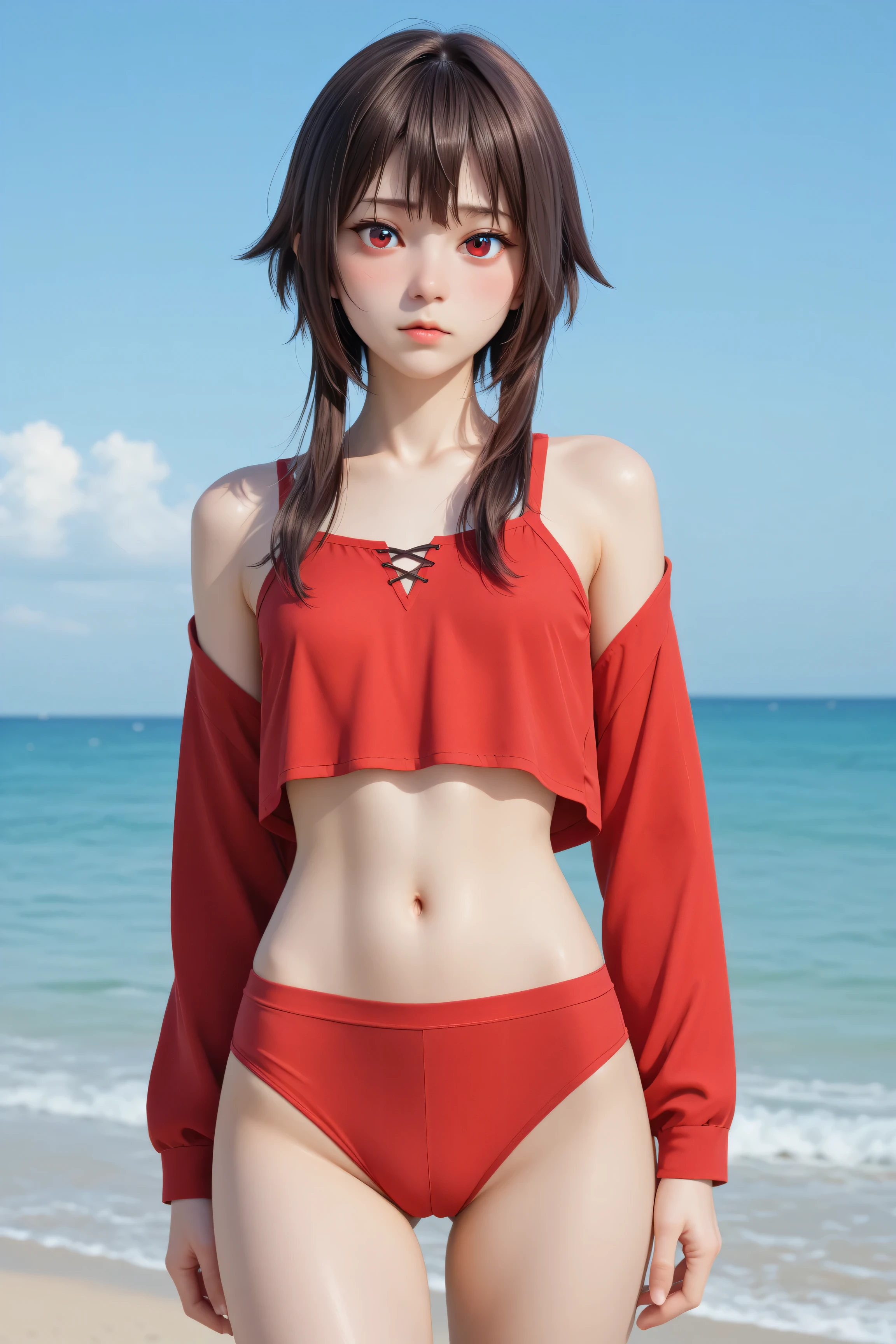 (highest quality:1.2, Very detailed, Latest, Vibrant, Super Detail, Ultra-high resolution, High Contrast, masterpiece:1.2, highest quality, Best aesthetics, there is:0.9), alone, (1 female), Megumin, short hair, black hair, (red eyes:1.3), short hair with long locks, minimal, 1girl, solo, red eyes, nose blush, shy, looking at viewer, tight round butt, cute overload, small breasts, slim figure, contrapposto, (beautiful sandy shore), (ocean in background), (beautiful blue sky),
