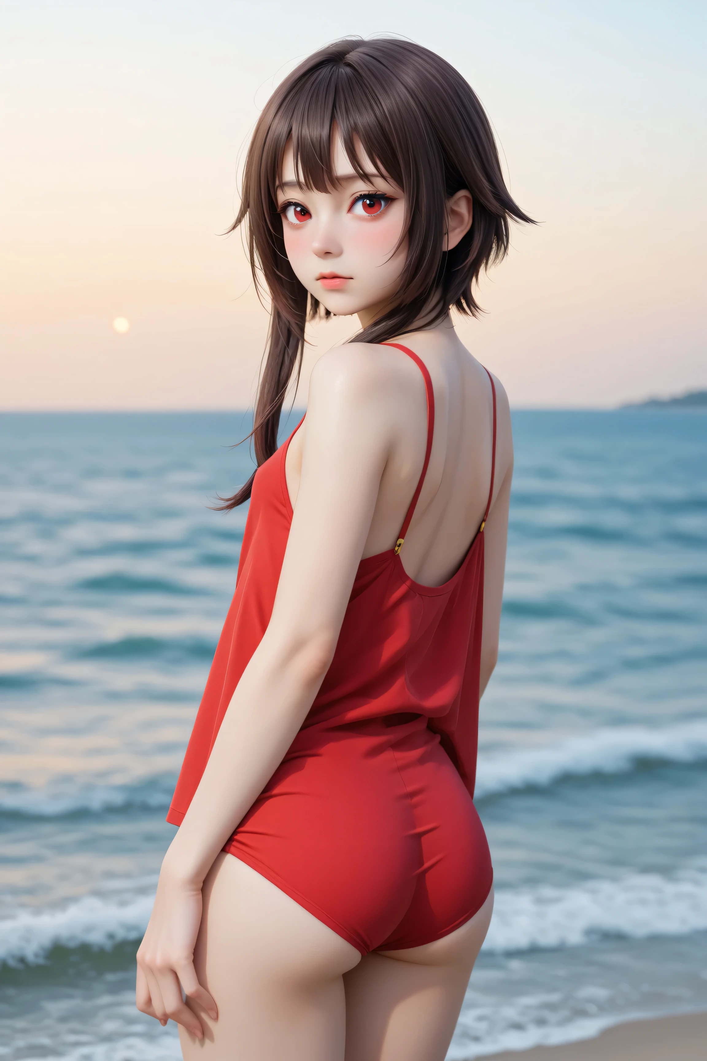 (highest quality:1.2, Very detailed, Latest, Vibrant, Super Detail, Ultra-high resolution, High Contrast, masterpiece:1.2, highest quality, Best aesthetics, there is:0.9), alone, (1 female), Megumin, short hair, black hair, (red eyes:1.3), short hair with long locks, minimal, 1girl, solo, red eyes, nose blush, shy, looking at viewer, tight round butt, cute overload, small breasts, slim figure, contrapposto, (beautiful sandy shore), (ocean in background), (beautiful blue sky),
