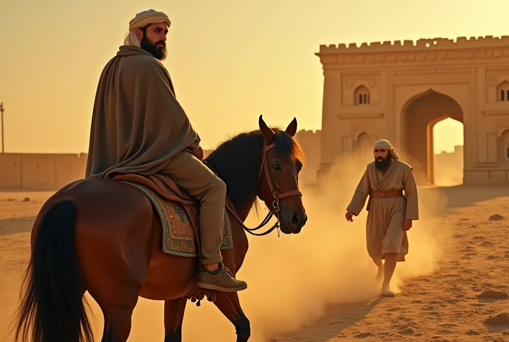 A photo of A Muslim man was walking through a village with his beautiful wife and son and a huge horse. The people of the village were looking at them around the village A Muslim man was walking through a village with his beautiful wife and son and a huge horse. The people of the village were looking at them around the village