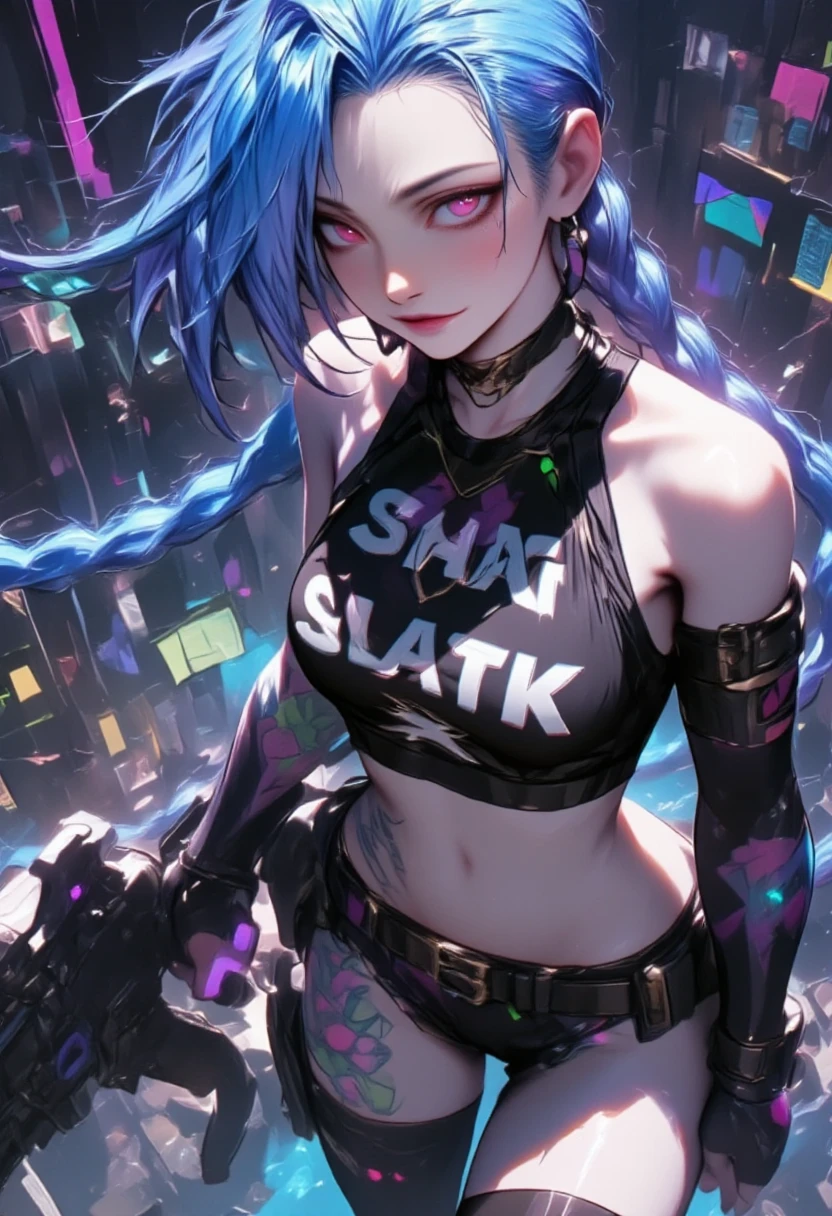 1girl,Jinx,Fleshy thighs,Poster publicity style,sexy Pose,large breasts,On a neon lit city night, Jinx stands at the edge of a high-rise building, with a bustling urban night view behind her. She held a huge firearm in her hand, her gaze fixed on the front, surrounded by a colorful halo, symbolizing her recklessness and . The screen adopts high contrast cool tones, emphasizing the conflict between Jinx and the surrounding environment. Valkyrie, solitary, a girl with one long plait, blue hair, Jinx \(league of legends\). best quality, masterpiece, intricate details, ultra-detailed