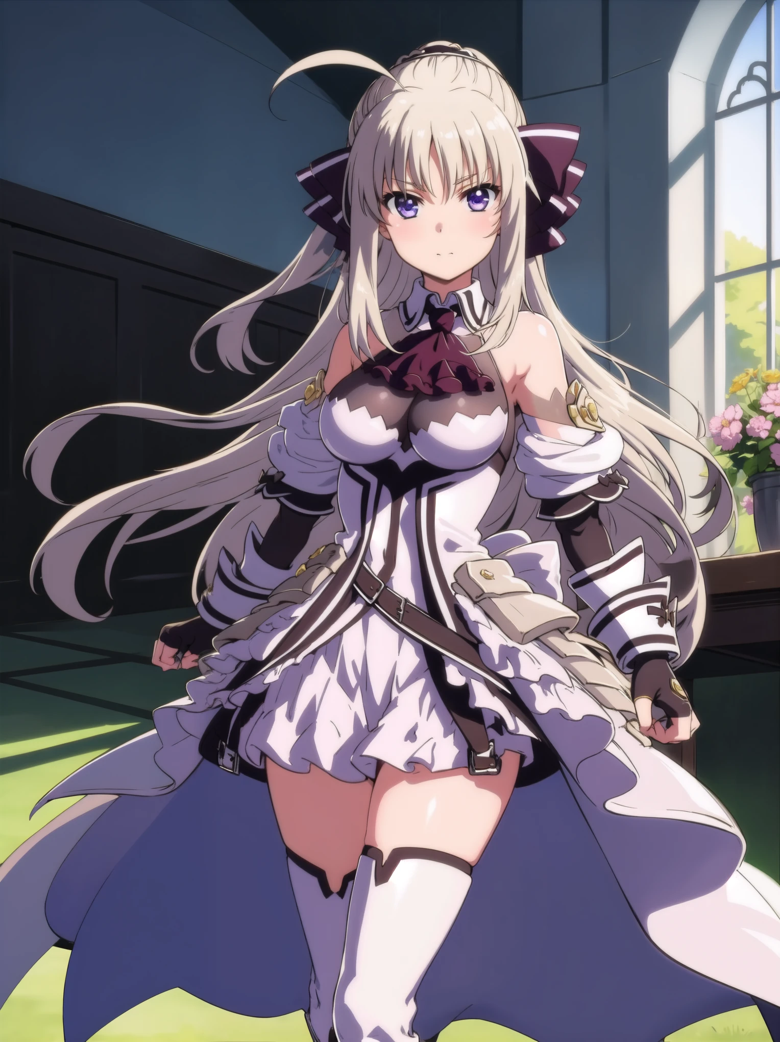 indoor,  Arena,
did_BJ,  1 girl, (( thigh-length boots )), Long Hair,  purple eyes,  ascot , breast, Gloves,  watching viewers, ((white  thigh-length boots )), Ahoge, fingerless Gloves, Put a mask on the , Absolute territory,  bare shoulders,  standing , very Long Hair, Clenched hands,  skirt,  dress, black Gloves, medium breast, ribbon, black  ascot ,  hair ribbon, hair bow,  ponytail, bow, bangs,  Puff Sleeves ,
