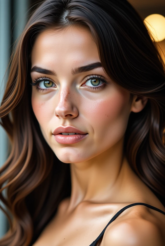 Hyper-realistic portrait of a 25-year-old woman with clear, radiant but lightly tanned skin and a smooth, natural texture showing a subtle glow. She has a symmetrical oval face with a softly defined chin and high, naturally contoured cheekbones. Her piercing green eyes are framed by long, voluminous lashes and detailed, naturally arched thin eyebrows. The nose is small and slightly upturned, with delicate and well-defined nostrils. Her lips are full and well proportioned, with a soft pink tone and a gentle upward curve, with a serious expression. She has flawless skin, with a soft and velvety texture. Her dark brown hair is long, wavy, and thick, with a rich, natural texture that cascades down to frame her face beautifully. The background should be blurred to draw attention to facial details. The lighting should be natural, highlighting the reflections in the eyes, the smoothness of the skin and the shine of the hair. The overall style should reflect side-on, front-of-house photography with sharp details and a focus on realistic features. full face