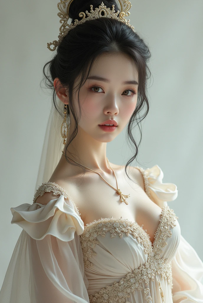 1girl, (beauty breast), (upper body), ((very transparent) Hanfu), (erotic_pose), indoor bedroom castle (blur background), (masterpiece),leejieun, (aphrodite goddess), pretty young face (Russian) (Asian), adept art, very best quality detailed face:1.5, (8k HD graphic, (soft and chill light), best quality detailed ultra highres:1.2 dynamic lighting, artstation, winner photography, volumemetricslighting),