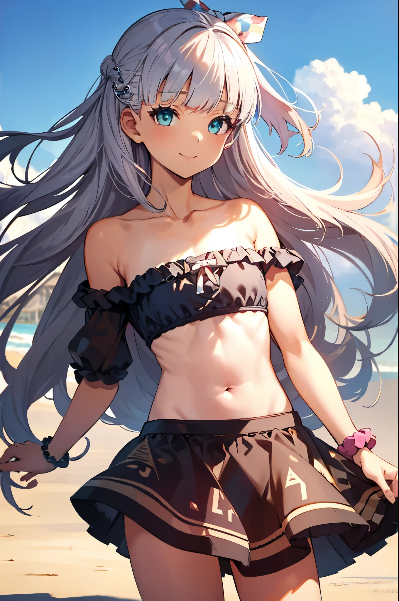 (Masterpiece), (Best Quality Anime Illustration), (Super Definition), One Girl, Solo, Beautiful Girl with Silver Hair, Anime Loli, Cat Ears Loli, Sexy Swimsuit, Bold Pose, Beach