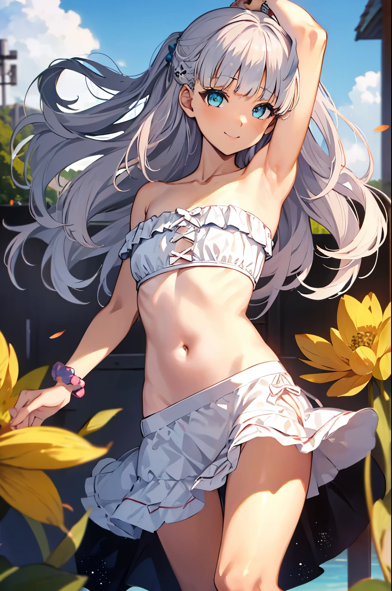 Best image quality,1People Girl,Silver Hair,Long Hair,Shiny Hair,black eye,Shining Eyes,smile,Double teeth,(Sunburn,Bikini Bag),sunflower,stream,Water Play,Wet,Tank top,Shorts,girl,small,small breasts,Navel Fashion