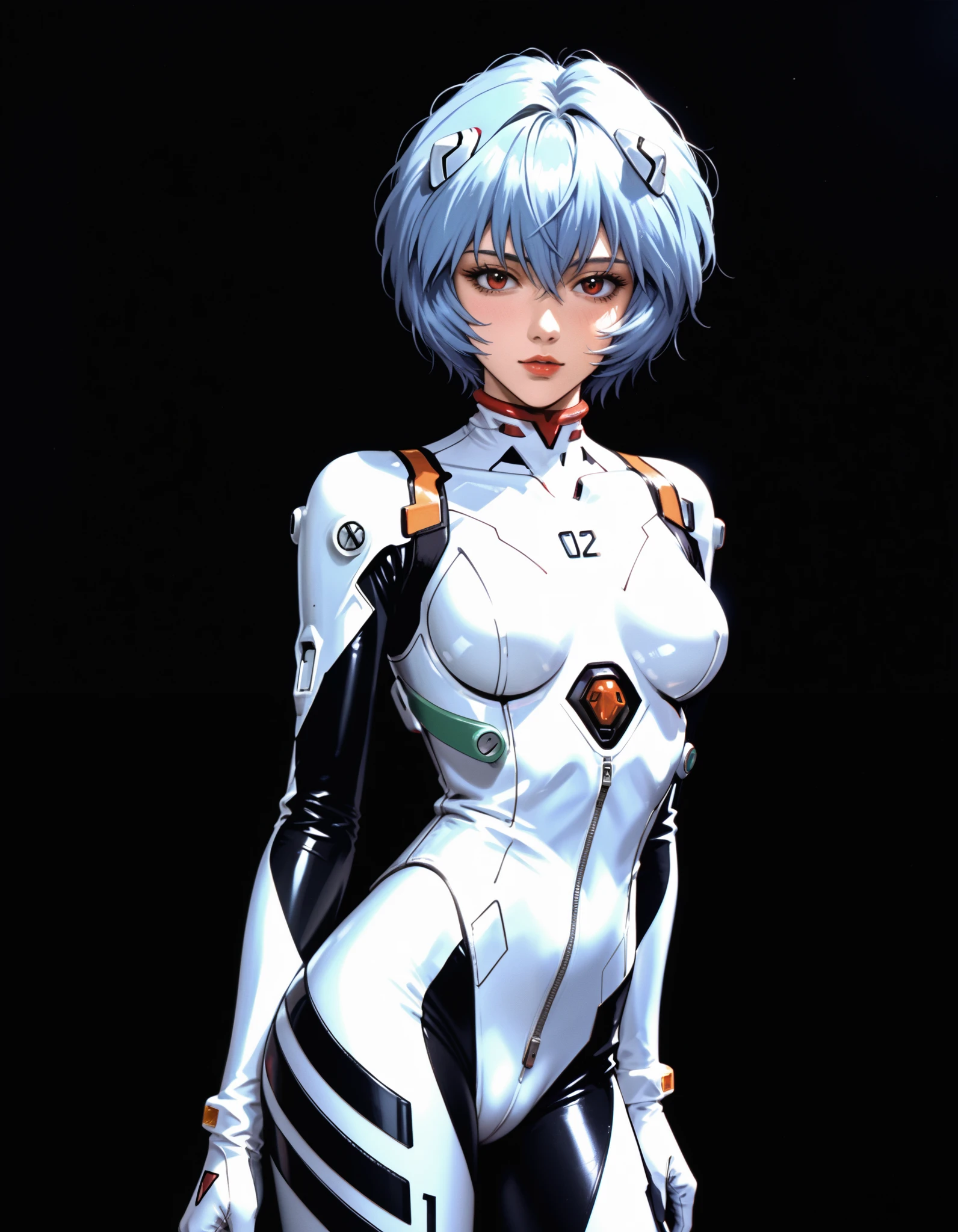 score_9, score_8_up, score_7_up, source_anime,, retro anime,1990, scanlines, 1990s \(style\),, masterpiece, best quality, solo, 1girl, (Rei Ayanami from Evangelion, wearing Evangelion plug suit), seductive pose, sexy pose, black background, lowlight, young