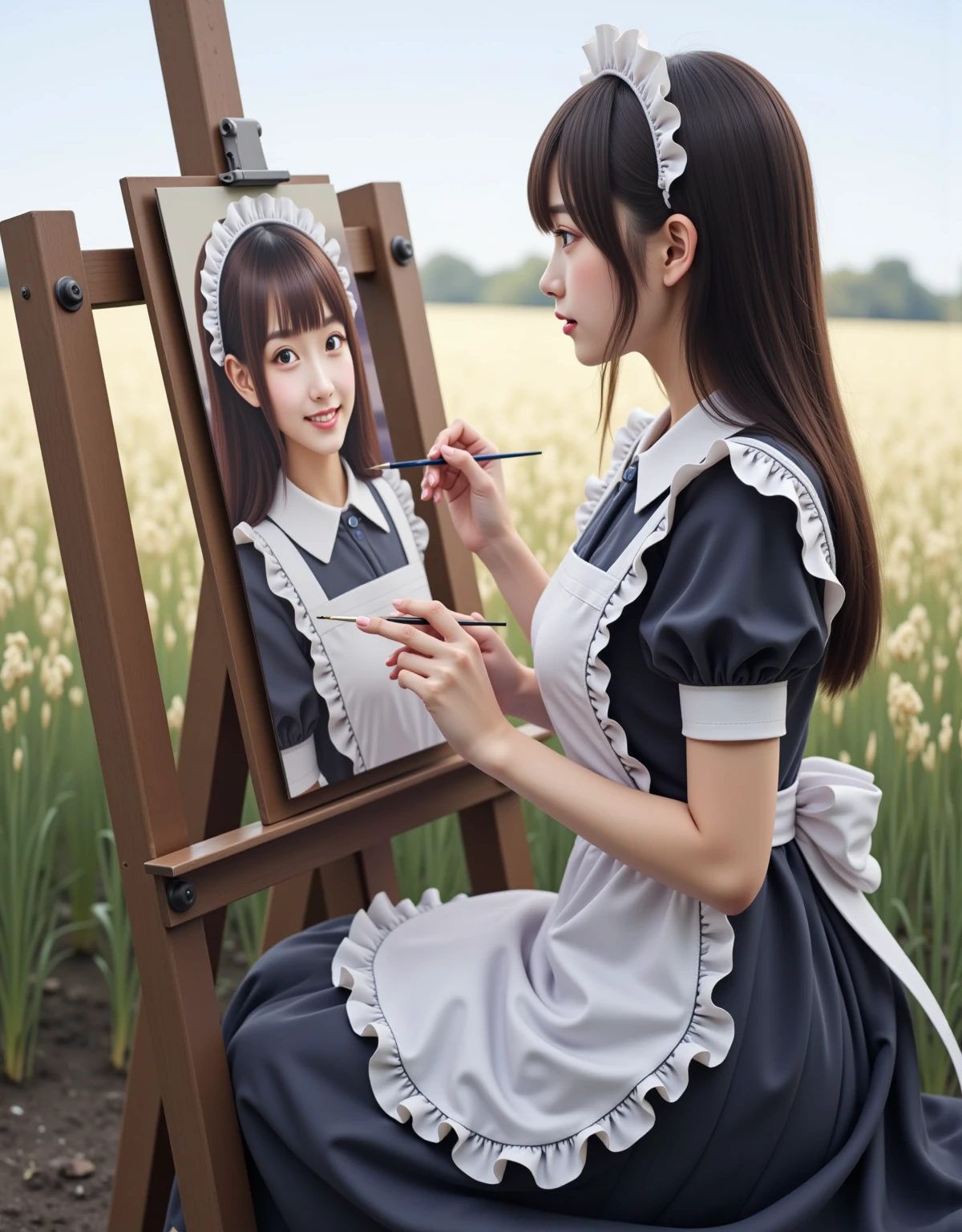 Ultra-realistic, Photographically,  dramatic scene , shadow, Global Illumination, Alone, (  famous teenage Japanese idol girl  :1.5), A very beautiful delicate Japanese girl, So beautiful、 Very cute but boyish and cool face , (Modern maid:1.2), ( She's wearing a maid dress with cute colored ruffles :1.2), ( plump breasts ),  Slim Waist ,  she sketches in a field of flowers , She paints a self-portrait , easel