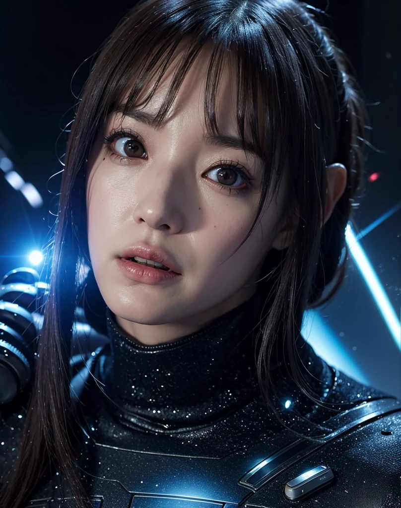 8K Ultra HD, masterpiece, beautiful girl, Detailed eyes, Nice face, Detailed eyesbrow, Beautiful costumes, Blue outfit, cyber punk, Cyberspace, The Shining, Diaco Lighting, Upper Body,