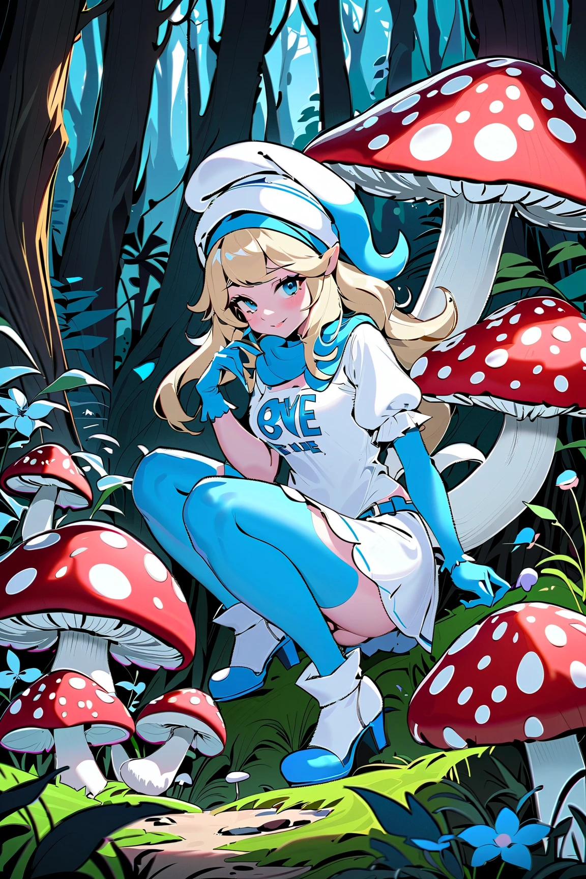 a beautiful 20 year old blonde woman with big messy hair in a short blue dress, white stockings, a thin black hairband, cleavage, holding a glowing mushroom, sitting on a giant glowing mushroom, top down view, fantasy art style, cartoon vibrant, cute detailed digital art, colorful digital fantasy art, digital fantasy art ), glossy digital painting, pastel vibrant