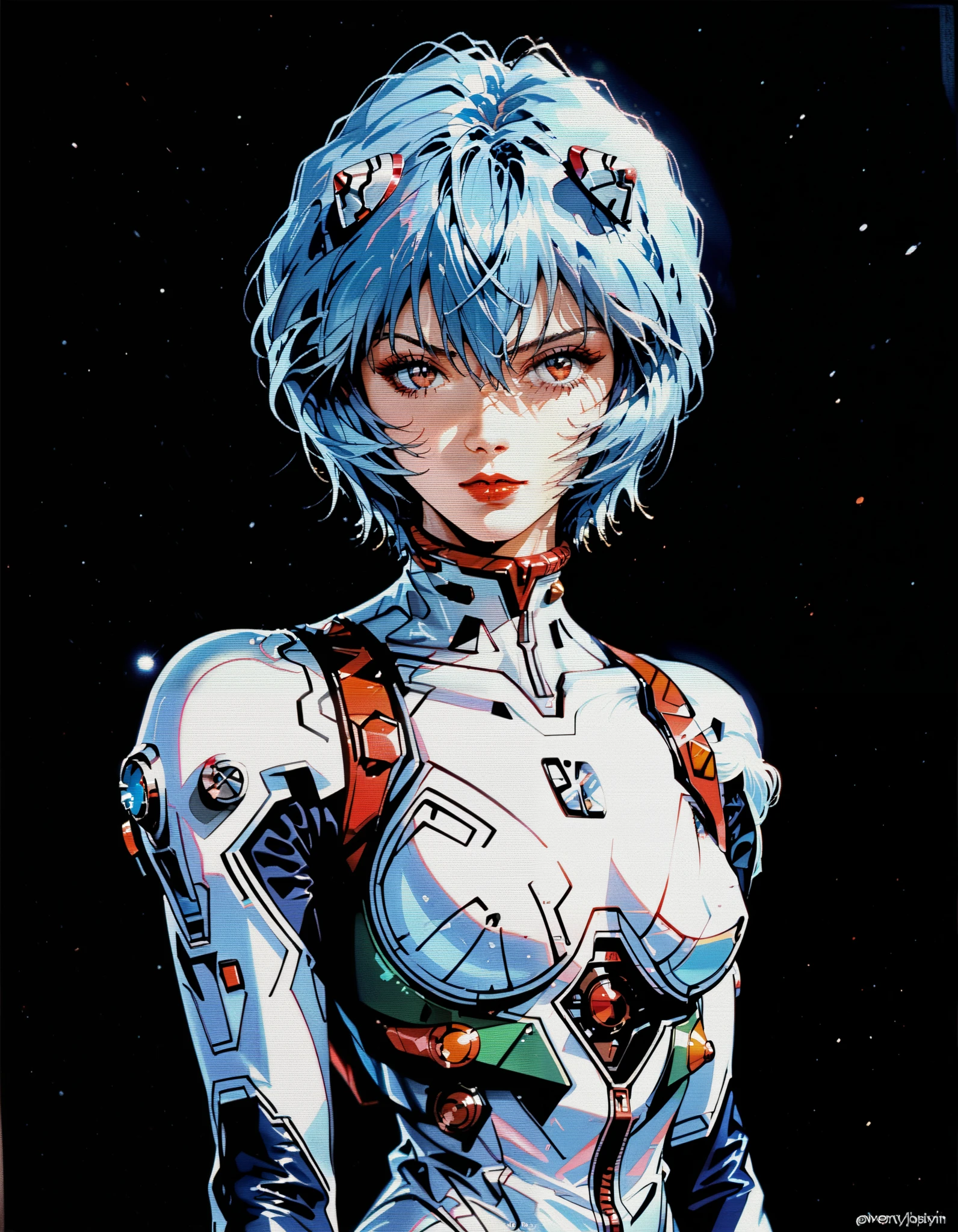 score_9, score_8_up, score_7_up, source_anime,, retro anime,1990, scanlines, 1990s \(style\),, masterpiece, best quality, solo, 1girl, (Rei Ayanami from Evangelion, wearing Evangelion plug suit), seductive pose, sexy pose, black background, lowlight, young