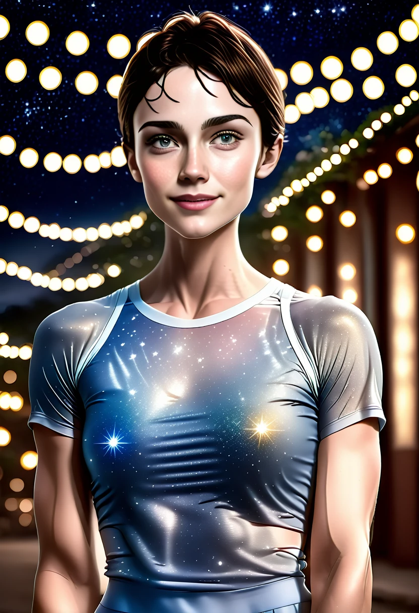 a beautiful fit stunning athletic young woman with extremely narrow waist, gray eyes, extremely pale white skin, beautiful detailed face, kind gentle smile, night, starry sky, detailed art, octane render, 8k, hyperrealistic, award winning, dramatic lighting, high contrast, cinematic, vibrant colors